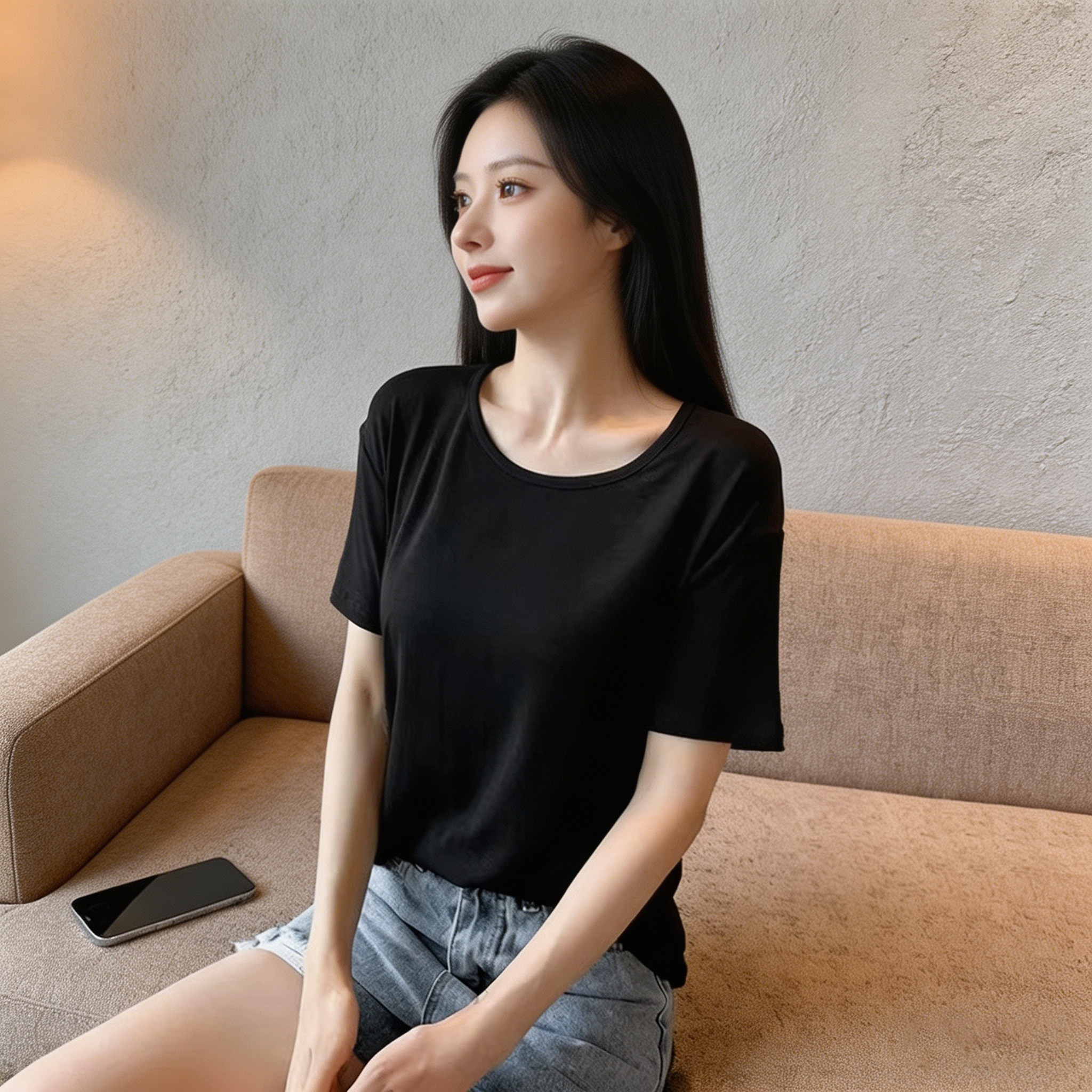 莫代尔黑色宽松短袖t恤女2026新款夏季圆领体恤冰丝面膜薄款上衣