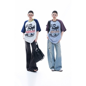 涂鸦宽松T恤上衣 ins插肩袖 soul拼接撞色美式 趣味猫咪印花半袖