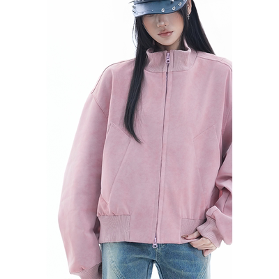 kk soul美式街头高级感PU皮飞行员夹克外套甜酷棒球风情侣皮衣潮