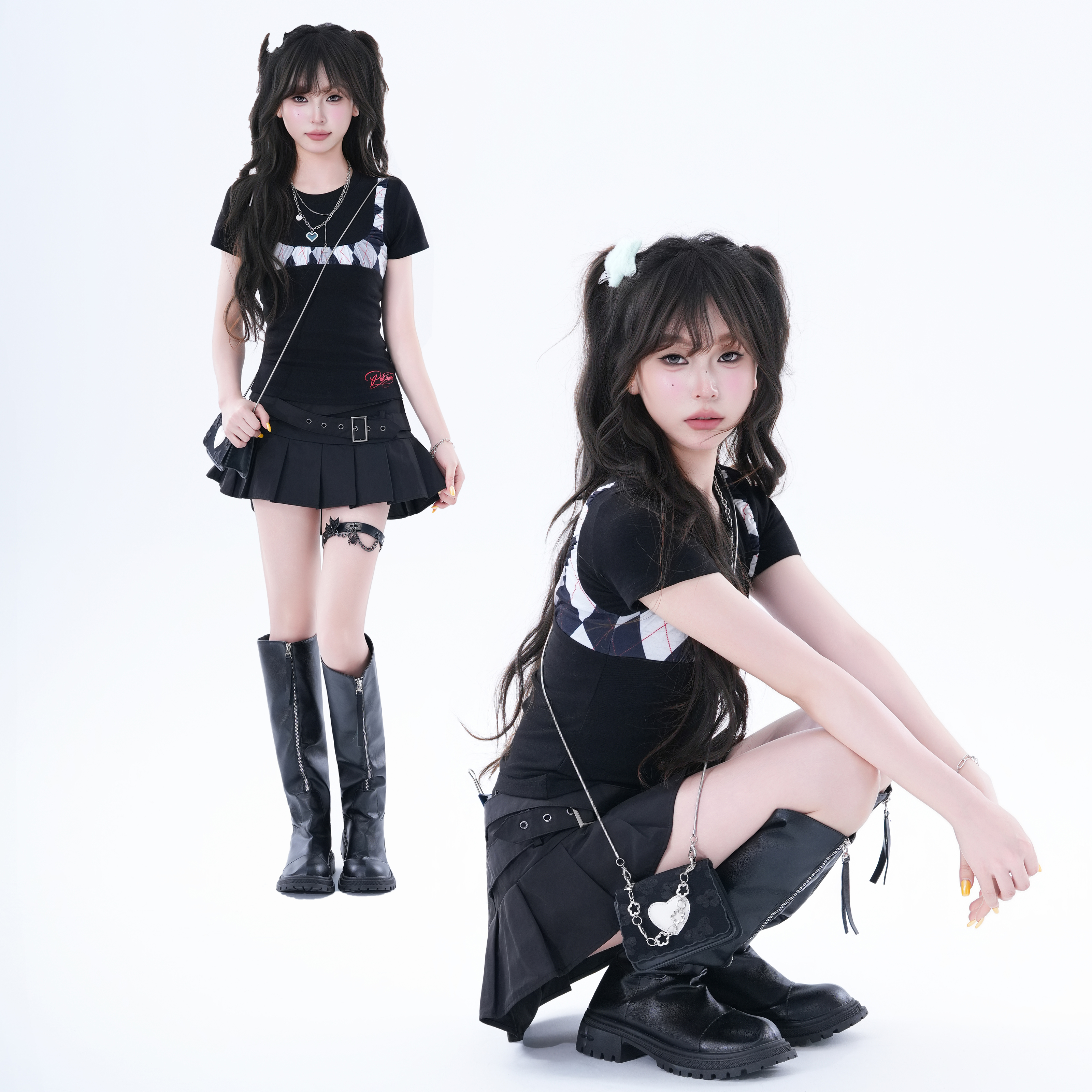 kk soul美式复古格子印花短袖T恤女夏新款小个子修身显瘦正肩上衣