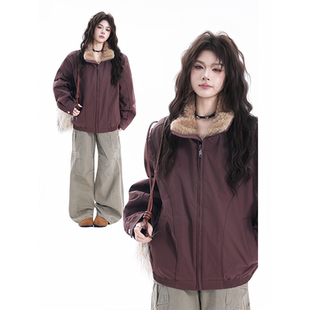 kk soul美式复古羊羔毛领羽绒棉服冬季新款外套宽松显瘦棉衣外套