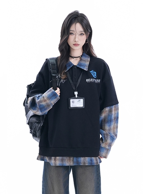 kk soul美式格子拼接假两件卫衣女复古街头无性别情侣长袖POLO衫
