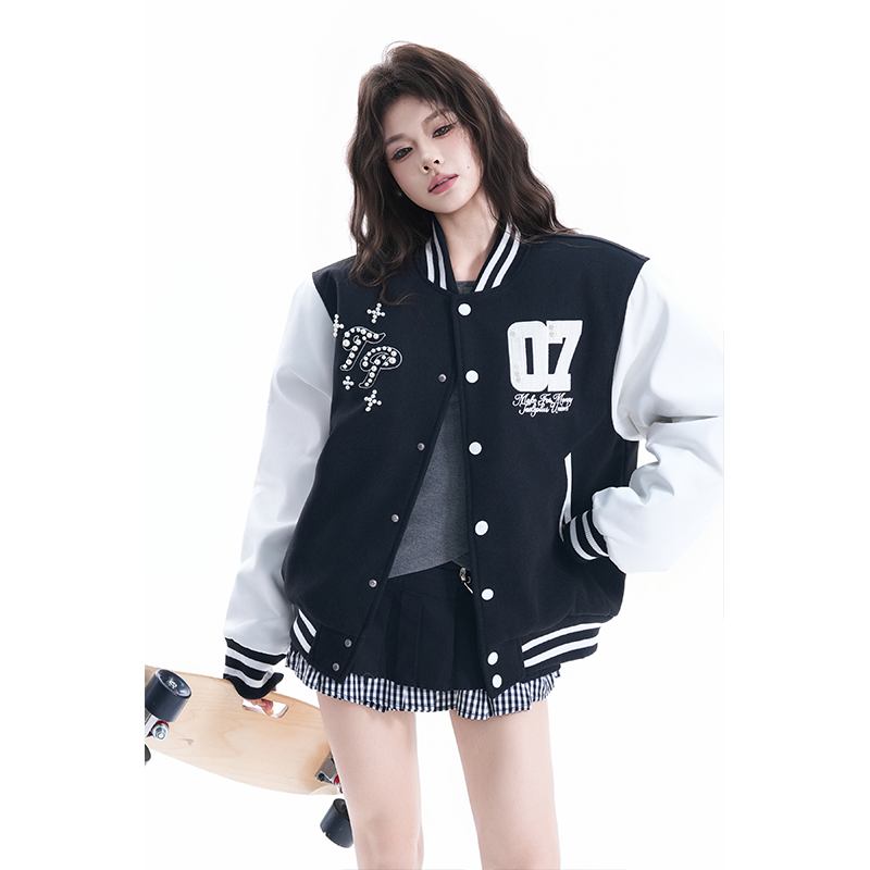 kk soul美式复古字母钉珠立领棒球服潮牌秋冬运动风情侣外套夹克