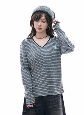 kk soul美式复古条纹V领打底衫女新款松弛感撞色宽松帽衫长袖上衣
