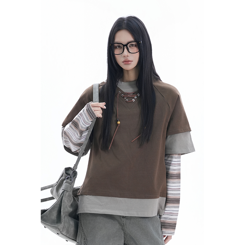 kk soul美式假三件oversize小众长袖街头春季拼接绳结串珠T恤上衣,女装/女士精品,T恤,淘宝优惠券,粉丝福利购,淘宝优惠卷