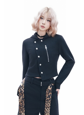 kk soul复古酷飒感不规则独特设计短款外套辣妹斜门襟修身夹克女