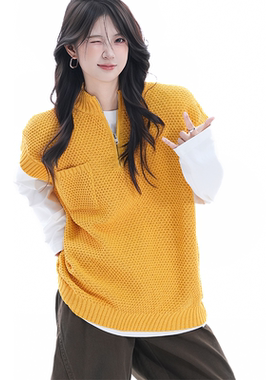 kk soul韩系学院风黄色半拉链针织马甲女慵懒宽松小高领毛衣背心