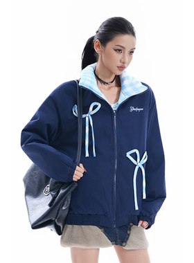 kk soul美式甜辣风蝴蝶结格子拼接棉服外套2026新款设计感夹克女