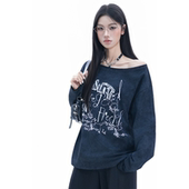 女辣妹慵懒风百搭露肩上衣 罩衫 soul美式 复古涂鸦印花斜肩长袖