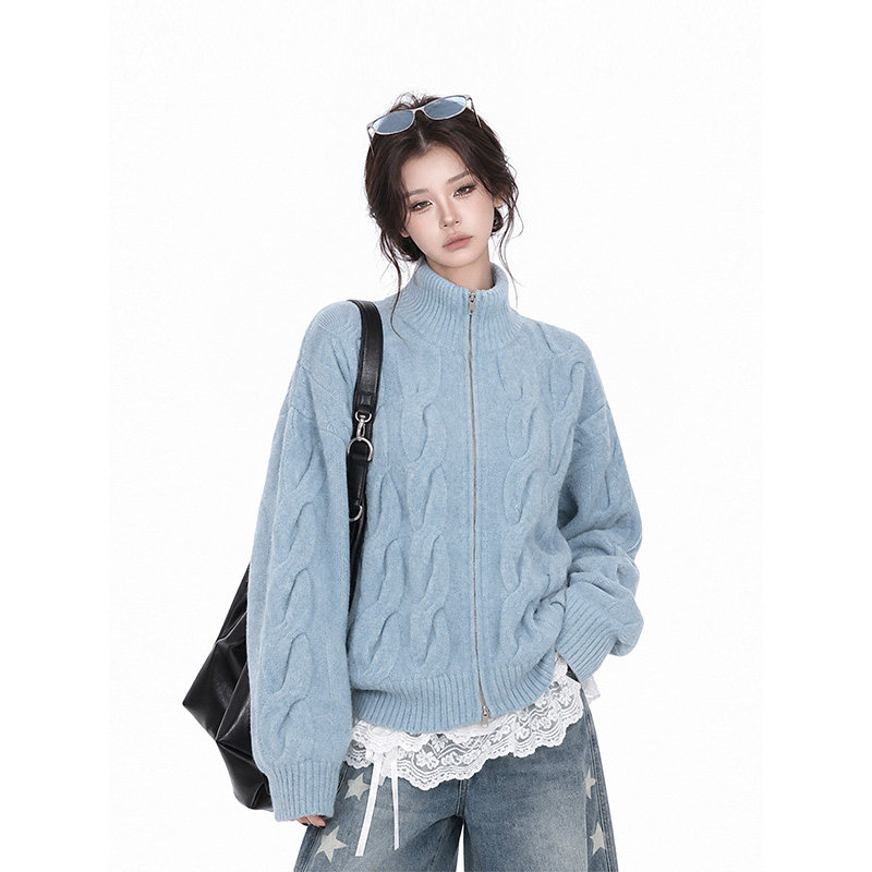 kk soul韩系慵懒风麻花针织开衫女纯色宽松高领拉链毛衣外套