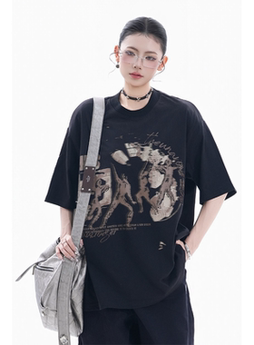 kk soul美式复古模糊人像印花短袖T恤男女夏季圆领纯棉情侣体恤潮