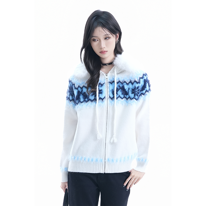 kk soul费尔岛雪花毛绒领毛衣开衫女秋冬氛围感宽松保暖针织衫潮