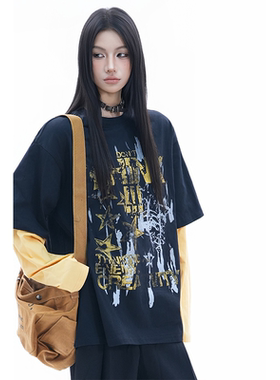 kk soul美式街头潮牌印花撞色假两件长袖T恤嘻哈个性oversize上衣