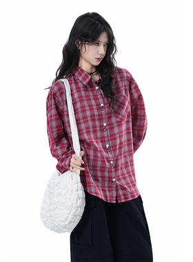 kk soul美式复古红色格子长袖衬衫女早秋款设计感慵懒风宽松衬衣