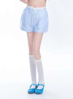 kk soul甜美撞色拼接蓝色条纹直筒短裤抽绳百搭宽松显瘦三分裤