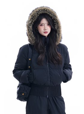 kk soul美式复古毛领连帽羽绒服女冬季收腰高级感短款面包服外套