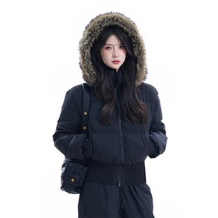 kk soul美式复古毛领连帽羽绒服女冬季收腰高级感短款面包服外套