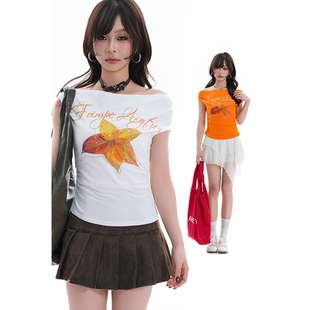 美式 T恤夏季 辣妹抹胸上衣潮 soul甜美多巴胺花卉烫钻一字肩短款