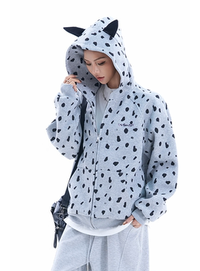 kk soul美式斑点印花耳朵开衫宽松春季小众连帽卫衣慵懒风外套潮