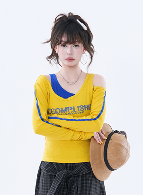 kk soul美式复古露肩撞色泽西风长袖T恤女辣妹设计感短款修身上衣