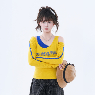 修身 T恤女辣妹设计感短款 复古露肩撞色泽西风长袖 上衣 soul美式