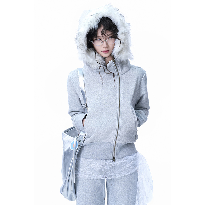 kk soul秋季慵懒重磅加绒毛领连帽外套女美式复古设计感开衫卫衣