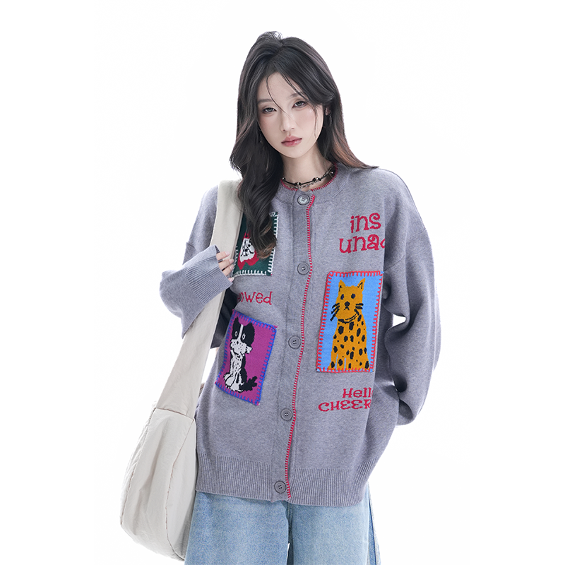 kk soul美式卡通趣味刺绣猫咪针织开衫毛衣女宽松慵懒软糯外套ins