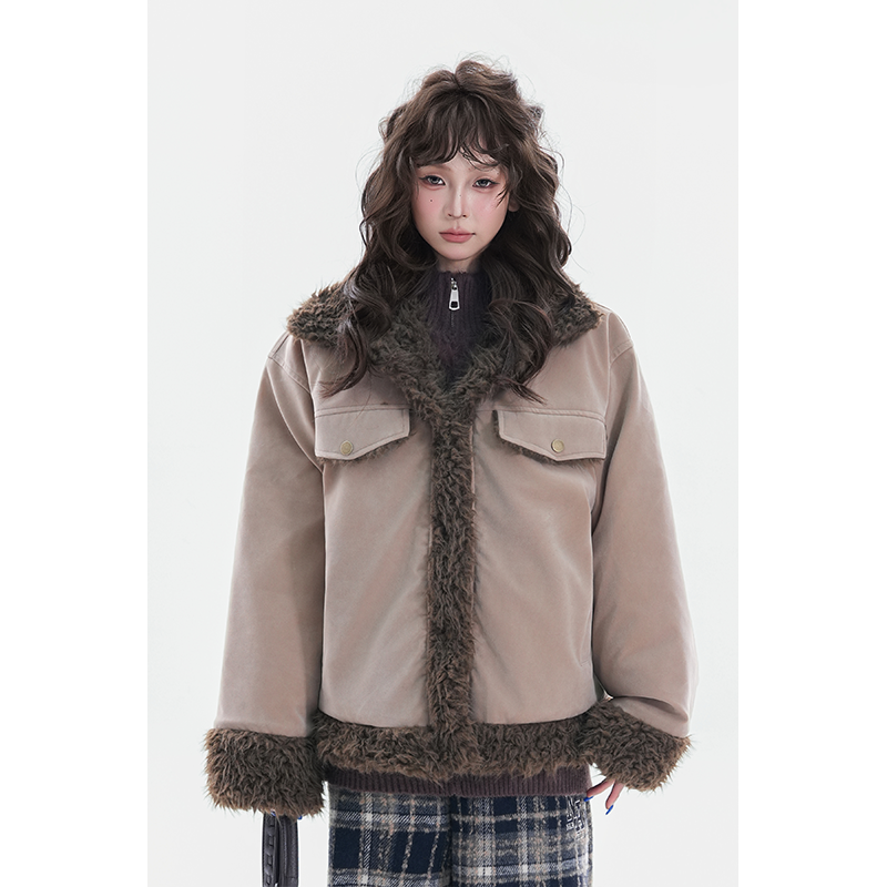 kk soul美式复古羊羔毛皮毛一体棉服外套女秋冬美拉德慵懒风夹克