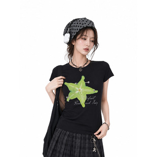 kk soul韩系甜美氛围感杨桃烫珠正肩短袖T恤夏日辣妹修身短款上衣