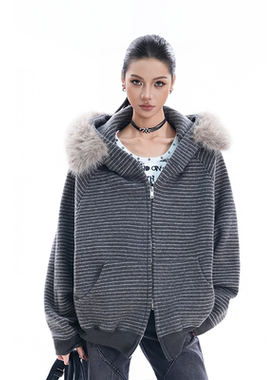 kk soul美式复古座山雕条纹连帽开衫冬季慵懒风高级感保暖外套潮
