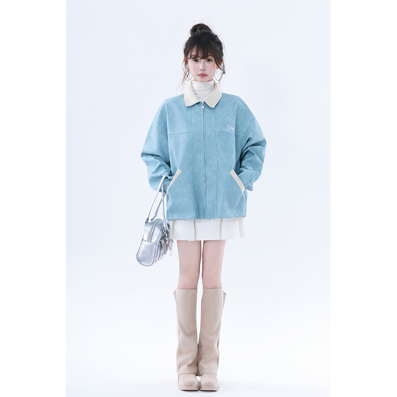 kk soul日系蓝色巴恩风PU皮夹克翻领设计感小众多巴胺甜妹风外套