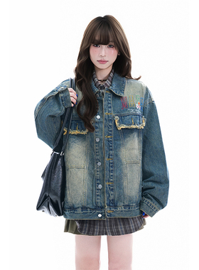 kk soul美式复古水洗做旧蓝色牛仔外套潮牌花卉刺绣磨毛开衫夹克