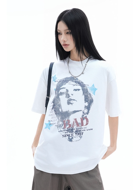 kk soul美式复古人像印花圆领短袖T恤女夏季新款潮牌宽松休闲上衣