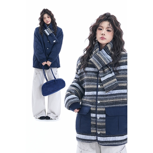kk soul小众复古两面穿围脖条纹棉服冬季日杂风波浪纹保暖棉袄潮