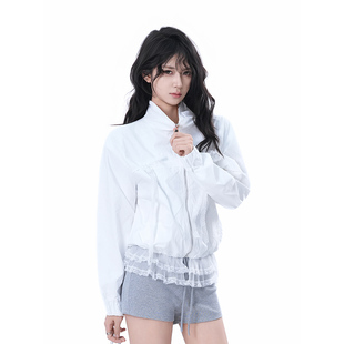 甜美宽松设计感上衣女 soul纯色蕾丝拼接轻薄开衫 外套初秋新款