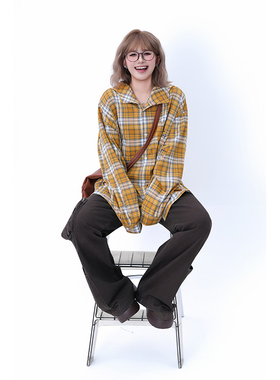 kk soul美式复古黄色格子连帽衬衫女秋季新款宽松休闲长袖衬衣