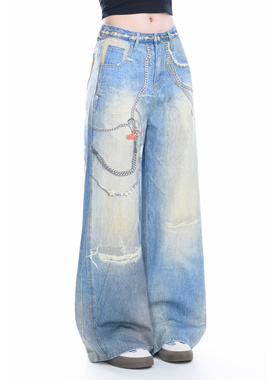 kk soul复古链条印花蓝色纯棉牛仔裤男女春夏新款小众直筒长裤