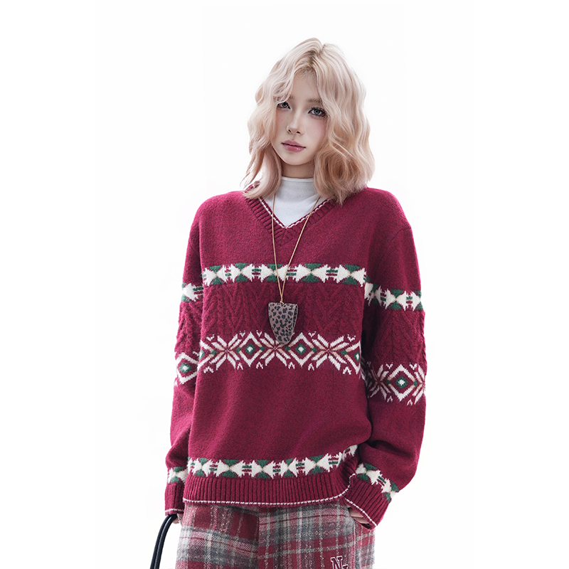 kk soul费尔岛复古甜美毛衣韩系少女学院风宽松慵懒V领保暖针织衫