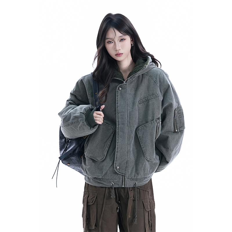 kk soul美式水洗摇粒绒连帽工装女冬季小众加绒加厚情侣棉服外套