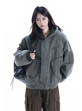 kk soul美式水洗摇粒绒连帽工装女冬季小众加绒加厚情侣棉服外套