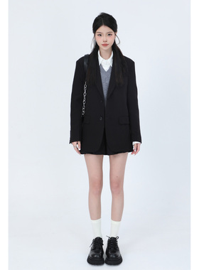 kk soul黑色西装外套女高级感小众设计宽松韩系学院风休闲西服