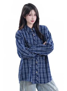 kk soul美式复古格纹深蓝色衬衫潮牌宽松设计感无性别衬衣开衫ins
