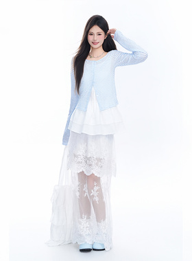 kk soul夏日小清新穿搭套装白色背心连衣裙蓝色条纹开衫两件套ins