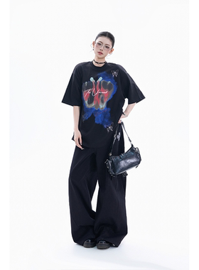 kk soul美式复古蝴蝶印花圆领短袖T恤夏季设计感小众潮流宽松上衣