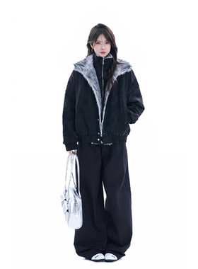 kk soul美式复古双层毛绒立领座山雕棉衣外套女冬季加厚保暖棉服