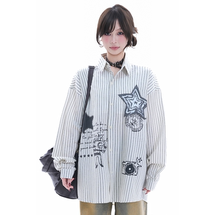 kk soul美式街头条纹星星印花长袖衬衫外套创意设计感衬衣上衣潮