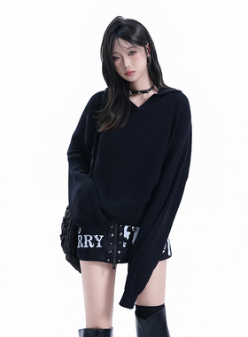 kk soul美式复古黑色毛衣女秋冬设计感宽松百搭毛针织衫内搭上衣