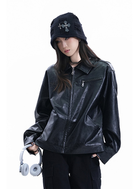 kk soul美式复古黑色翻领PU皮夹克秋季设计感痞帅宽松机车服外套