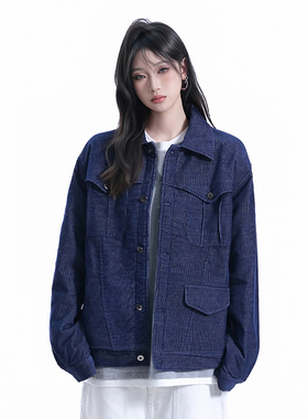 kk soul美式复古多口袋深蓝色外套夹克小众设计感无性别纹理开衫