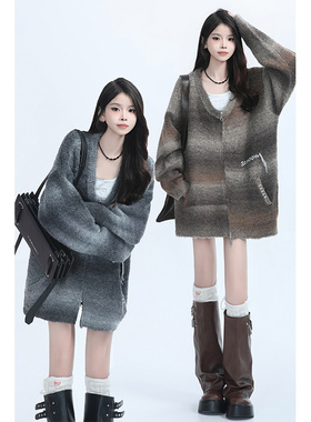 kk soul美式复古美拉德设计感拉链开衫毛衣慵懒风休闲宽松针织衫